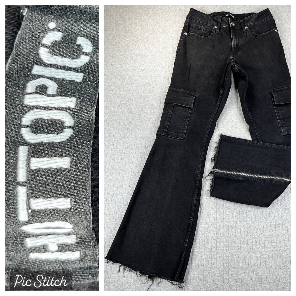 Hot Topic Bootcut gothic rock Black Cargo Flare Jeans women 5/25X29  Raw‎ Hem